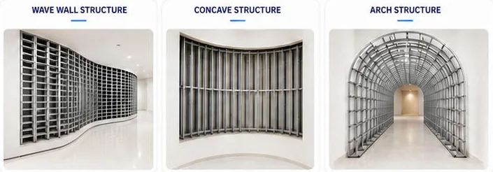 Steel structures for a wave wall, a concave wall and an arch tunnel