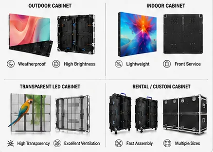 Outdoor, indoor, transparent and rental LED cabinets