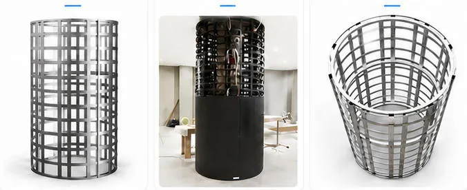 Steel frame, installation stage and top view of an LED column structure