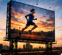 Outdoor LED billboard on a steel structure at sunset