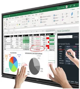 Interactive display showing a spreadsheet and charts being annotated by hand