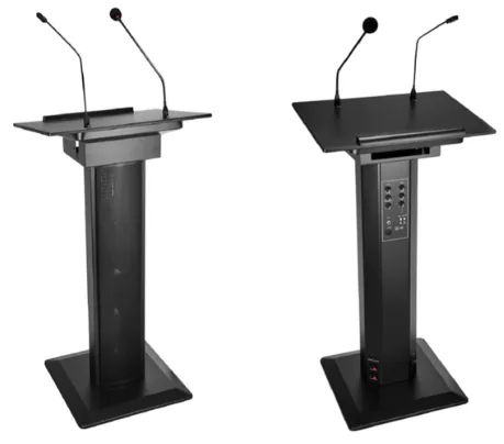 Two black lecterns with gooseneck microphones
