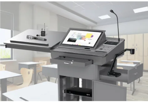 Smart podium with built-in touch screen and gooseneck microphone
