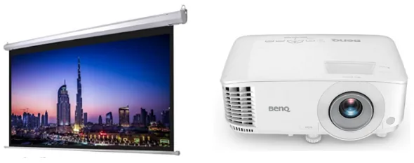 Motorised projection screen and a projector