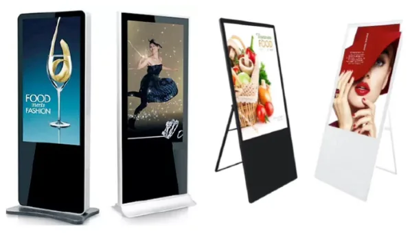 Floor-standing and folding digital signage kiosks